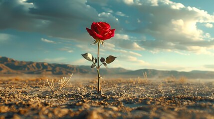 Single vibrant red rose blooms defiantly in vast desert landscape, resilience and hope amidst stark or challenging conditions - obrazy, fototapety, plakaty