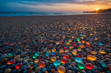 Obraz premium sunset on the beach - glowing beach glass pebbles