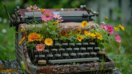 Foto op Canvas Vintage typewriter with colorful wildflowers sprouting from keys, nature reclaiming technology, or inspiration blooming from the past © SA_Stock