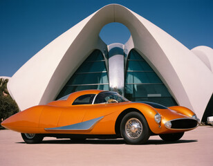 Orange Vintage Sports Car in Front of Futuristic Building