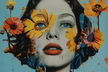 Portrait of a beautiful girl with flowers on face Contemporary art collage