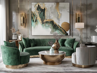 Opulent living room with plush velvet furniture and sleek metallic accents, reflecting a glamorous style
