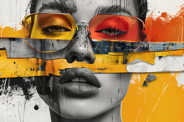 Portrait of a beautiful girl with sunglasses, Contemporary art collage Abstract design