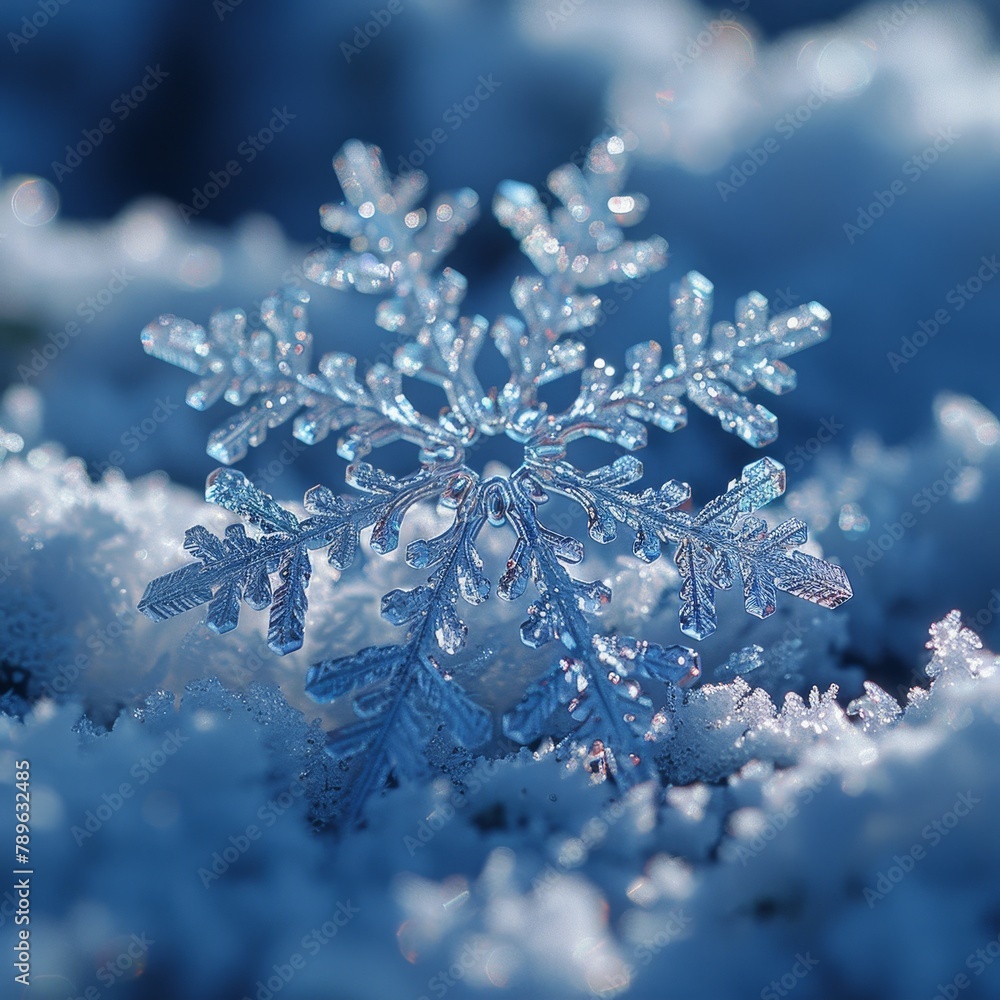 Poster detailed snowflake showcases intricate patterns against a soft snowy backdrop
