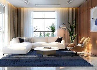 Beautiful modern living room with white sofa and navy blue carpet