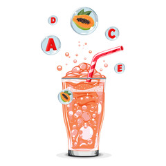 Healthy orange papaya oxygen cocktail with air bubbles. Isolated vector summer drink