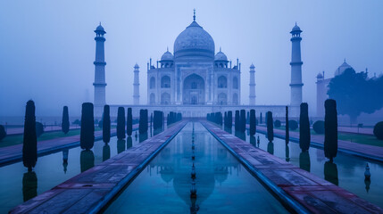 Early morning light illuminates a deserted Taj Mahal with its reflection in the water, offering a peaceful scene