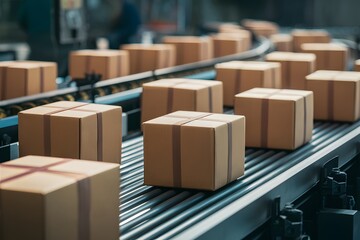 Multiple cardboard box packages move along conveyor belt, close up - Powered by Adobe