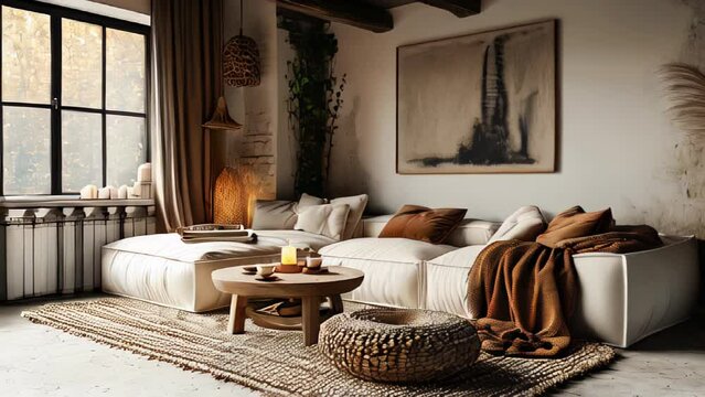 A living room with a white sofa, a coffee table and a rug, with a painting on the wall.