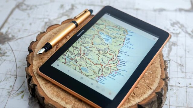 A tablet with a map and a pen next to it.