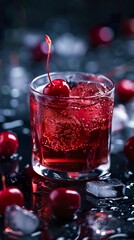 Close-up of a drink in a medium glass with a cherry added to the drink. Luxury cocktail with a special touch of cherry and ice.