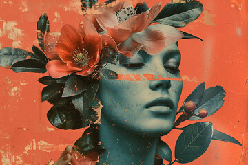 Portrait of a girl with flowers Contemporary art collage Abstract design