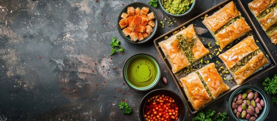 Variety of baklava with pistachio, a traditional Turkish and Arabic dessert. Perfect for Ramadan celebrations. View from above, with space for text.