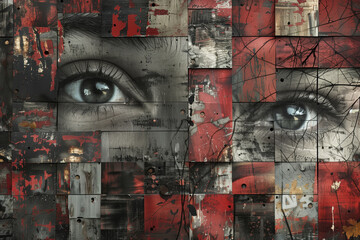 Portrait of a scared girl with a painted face Contemporary art collage Abstract design