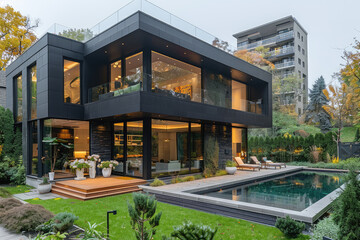 A black modern house with a pool, glass windows and lots of greenery in the courtyard and garden in the background. Created with Ai