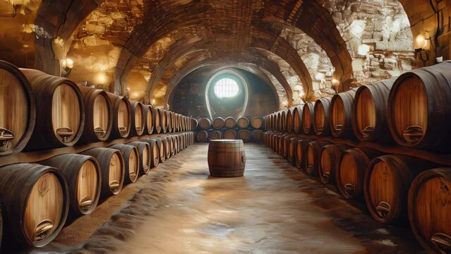 A large room in a wine cellar filled with wine barrels.