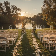 Lakeside Wedding Aisle with Sunlit Arch