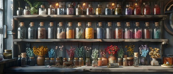 Mystic Brews and Herbal Essence: A Witch's Cabinet. Concept Witchcraft, Herbalism, Mystic Brews, Healing Potions, Magical Rituals - obrazy, fototapety, plakaty