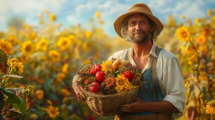 Smiling Farmer with Basket of Fresh Harvest