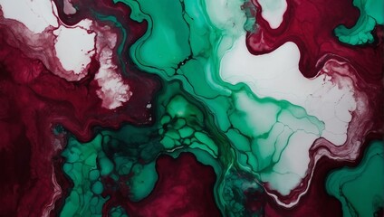 Rich emerald and burgundy abstract background made with alcohol ink technique, bright white veins texture.