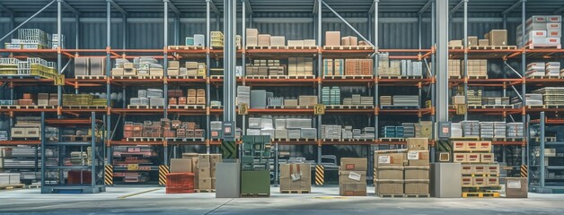 a warehouse with neatly stacked boxes in sturdy racks, highlighting the orderly arrangement and spacious layout.