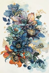A whimsical floral arrangement combines vibrant blue and orange flowers with delicate leaves and steampunk elements. The watercolor style and intricate details create a sense of fantasy