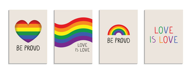 Set of LGBT posters with rainbow flags, symbols. Pride month celebration prints. Gay pride. Hand drawn quotes Love is Love, Be Proud. Vector illustration