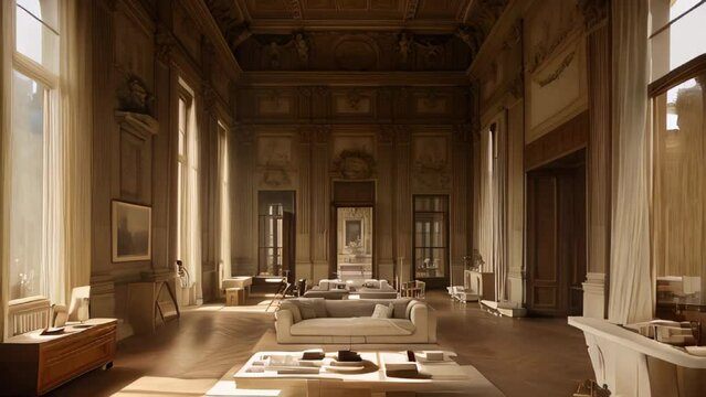 A large room in a palace with lots of furniture and lots of windows.