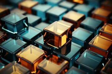 Obraz premium a futuristic 3d background with geometric shapes in shades of blue, gold, white,green,orange,and pink