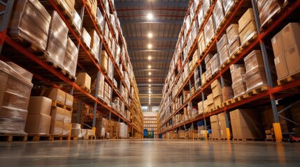 a warehouse with neatly stacked boxes in sturdy racks, highlighting the orderly arrangement and spacious layout.