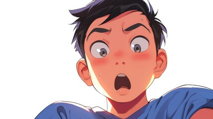 A lively 2d cartoon depicting a stunned boy set against a clean white backdrop