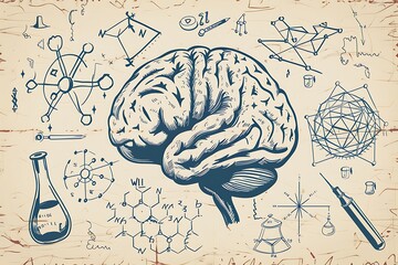 Brain sketch science concept. Human brain and physics and chemistry icons in science concept sketch vector illustration . - obrazy, fototapety, plakaty
