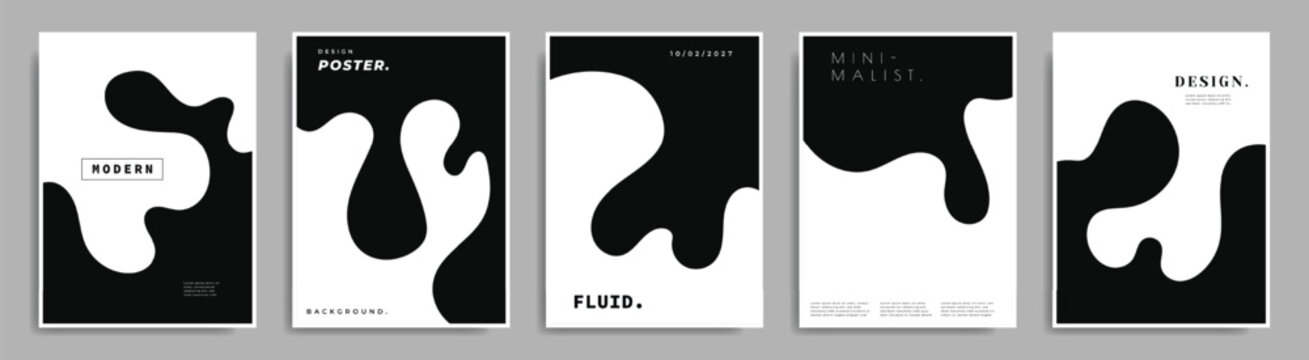 Abstract black and white fluid shapes background template set. Liquid forms design.  For branding, promotion, or presentation.