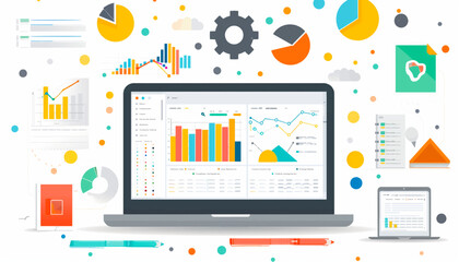 Concept with laptop computer, charts diagrams, graphs and place for text. Tools for data analysis, statistical or financial analytics. - 789635256