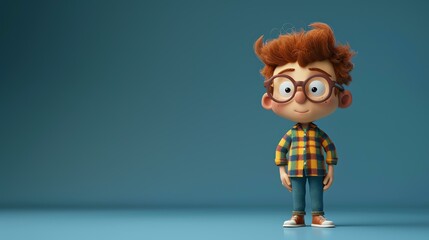 3D illustration of a cute and happy looking boy wearing glasses, a plaid shirt, and jeans.