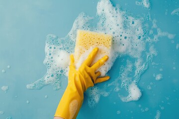 Cleaning with Yellow Rubber Glove and Sponge, Household Chores