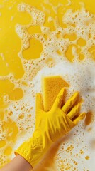 Cleaning with Yellow Rubber Glove and Sponge, Household Chores