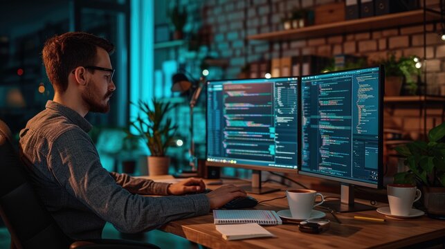 A software developer works on code late into the night, illuminated by the glow of multiple computer screens in a modern office. AIG41