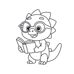 Little dragon with opened book isolated on white background. Cartoon vector illustration in line art style. Learning concept. Design for coloring book pages.