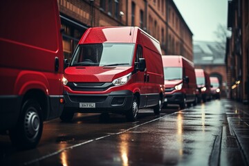 Red commercial vans parked on street, transport company vehicles in urban delivery service line-up