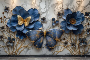 3 panel wall art, marble background with golden and silver flowers designs, blue flowers ,