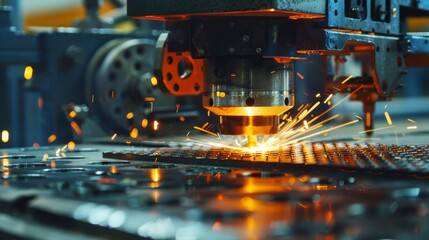 A machine is cutting metal with sparks flying - obrazy, fototapety, plakaty