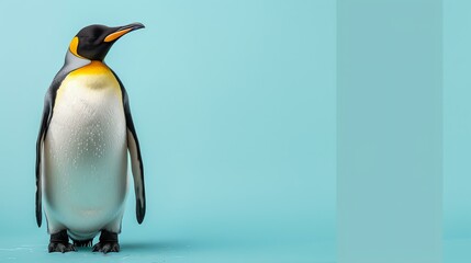A majestic emperor penguin stands tall and proud on a solid blue background.