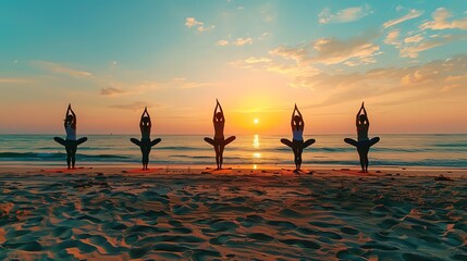 Yoga on the beach at sunrise. A group of five women in silhouette doing yoga poses on the beach at...