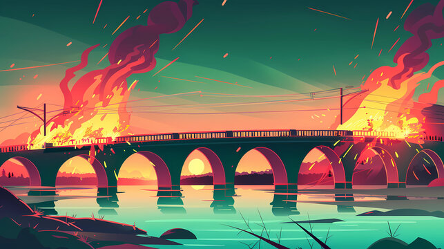 Dramatic illustration of a burning bridge