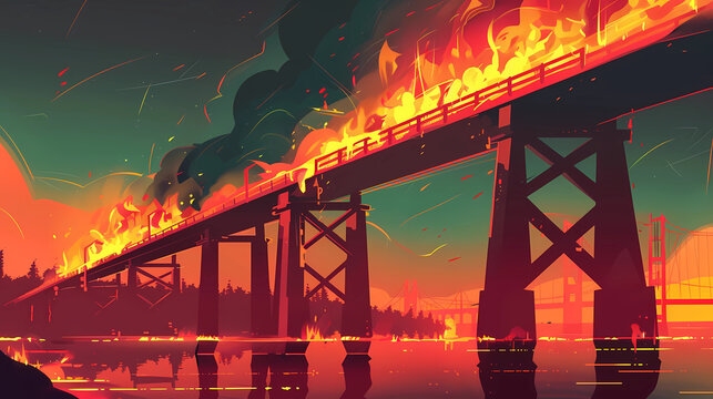 Dramatic illustration of a burning bridge