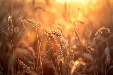 Cereal growing in a meadow. Large blur of the background, a small depth of field, the evening, against light. Shades of brown and gold. .