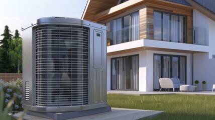 a heat pump installed on the right side of a house wall, showcasing its energy-efficient design and functionality in heating or cooling homes.