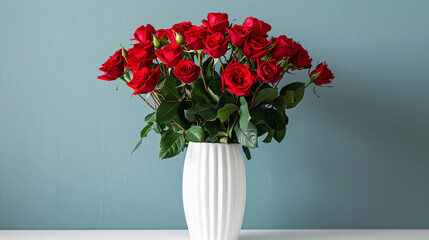 Large bouquet of red roses in a vase on a flat light blue studio background