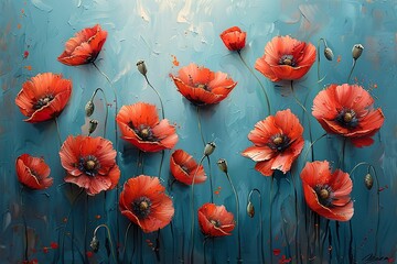 Obraz premium A painting featuring vibrant red poppy flowers set against a striking blue background, capturing the essence of a meadow in bloom under soft impressionist light.